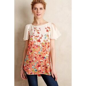 Maeve Anthropologie Ludovica Silk Floral Tunic Top Orange Cream Flutter Sleeve L